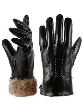 Rabbit Fur Lined Sheepskin Leather Gloves Touchscreen Winter Texting Driving